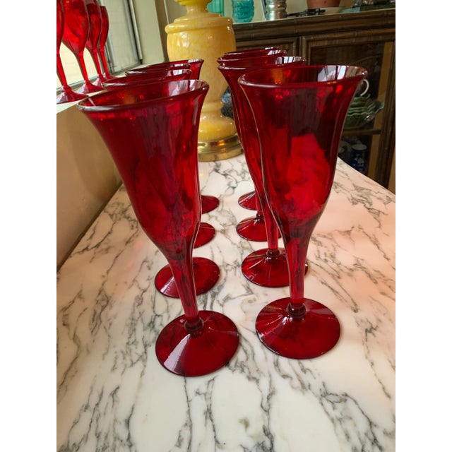 Mid-Century Modern Ruby Red Tall Handblown Champagne Flutes Set of 8 For Sale - Image 3 of 10