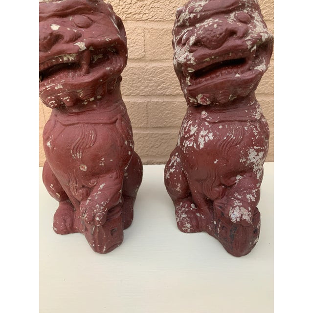 Antique Chinoiserie Cast Stone Foo Dogs With Timeworn Painted Finish, Pair For Sale In South Bend - Image 6 of 9