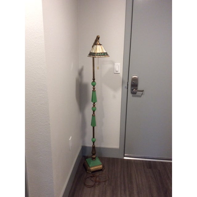 Antique 1920 - 1930 Art Deco Jadeite Cast Iron Floor Lamp With Shade For Sale - Image 13 of 13
