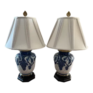 Vintage Chinoiserie Ginger Jar Lamps With Brass Finials and Silk Shades - a Pair