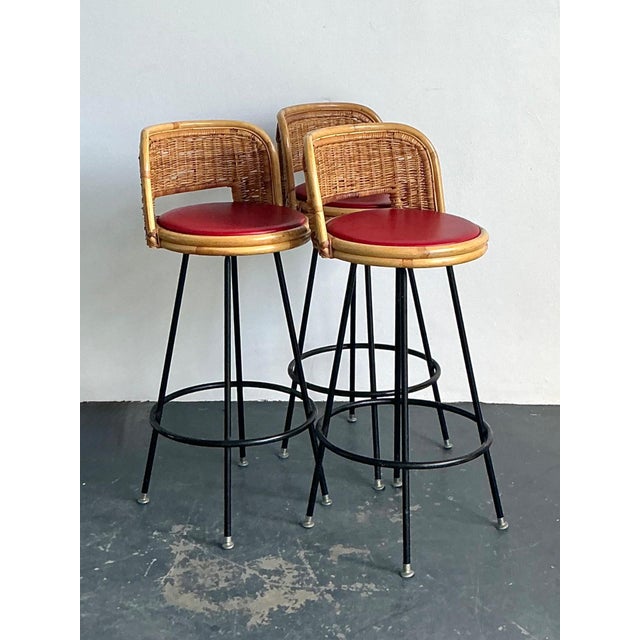 Vintage Rattan and Metal Bar Stools - Set of 3 For Sale - Image 13 of 14