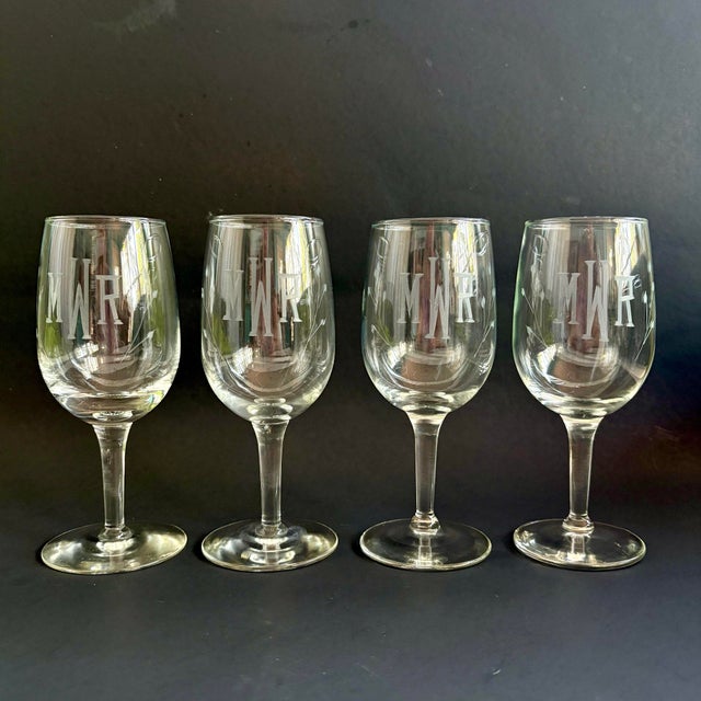 Vintage Etched MWR Monogram Stemmed Glasses - Set of 4 For Sale - Image 4 of 5