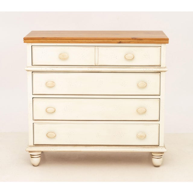 Modern White Painted Wood Chest of Drawers, with pine wood top above four frieze drawers. 36.5" H x 39" W x 18" D....
