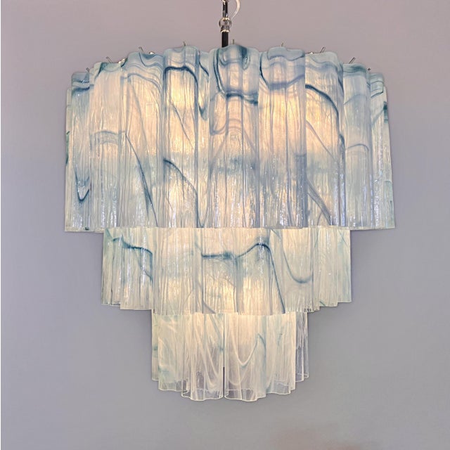 Large Three-Tier Pendant Light with Murano 52 Blue Alabaster Glass Tubes, 1990s For Sale - Image 4 of 17