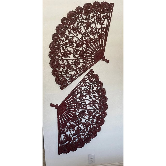 Burgundy 2 Vintage Burwood Homco Asian Wall Plaque Fans For Sale - Image 8 of 10