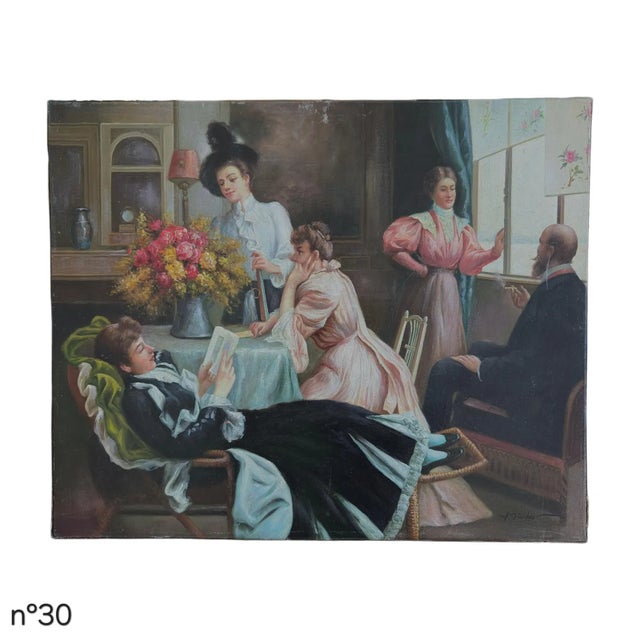 Oil on canvas depicting an interior genre scene with multiple figures gathered in a domestic setting. The composition...