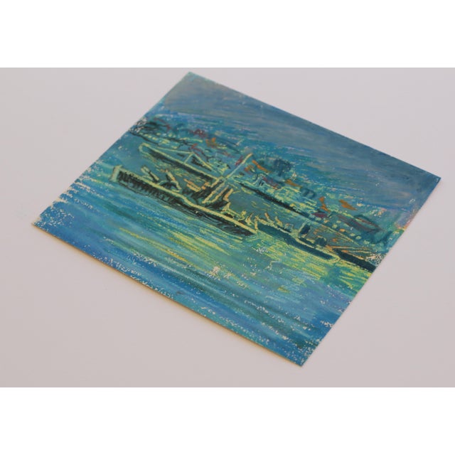1951 Swedish Outsider Folk-Art Original Drawing of Military War Ships in Harbour in Oil Pastels in Blue, Green & Yellow For Sale - Image 4 of 7