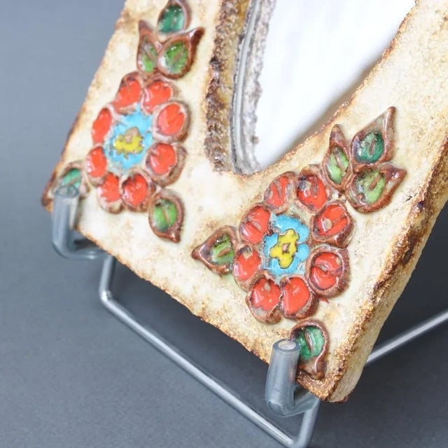 Vintage French Ceramic Wall Mirror with Flower Motif by La Roue, 1960s For Sale - Image 9 of 13