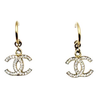 Chanel Gold CC Crystal Moscova Hoop Piercing Earrings, A Pair For Sale