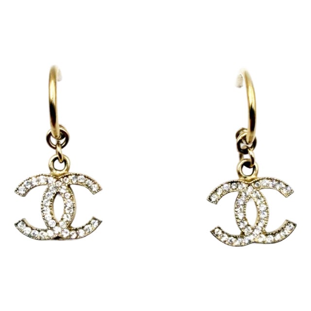 Chanel Gold CC Crystal Moscova Hoop Piercing Earrings, A Pair For Sale