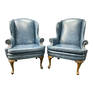 Mid-Century Blue Leather Wingback Chairs With Nailhead Trim