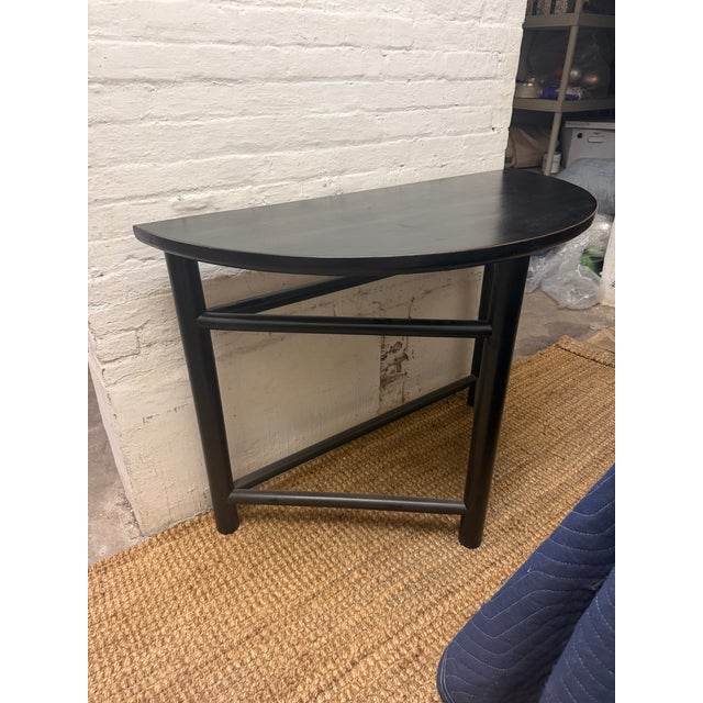 Black Lacquered Demi Lune Console with Base Stretchers Length: 45" Width: 21" Height: 33"