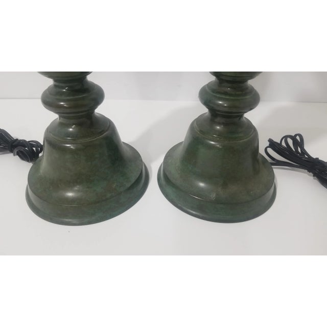 Japanese 1950s Regency Japanese Verdigris Brass Marbro Style Table Lamps - a Pair For Sale - Image 3 of 12