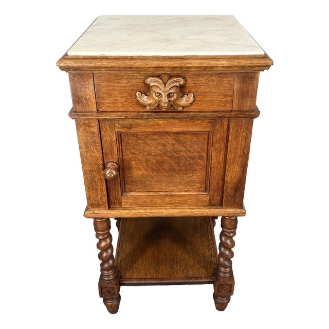 French Oak Bedside Table with Marble Top For Sale