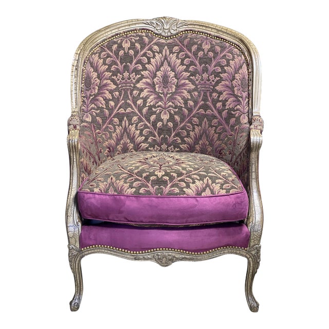 Over-Sized Hancock & Moore French Style Arm Chair With Swede Leather & Damask Fabric For Sale