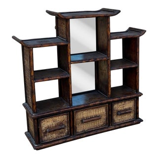 Chinoiserie Burnt Bamboo Pagoda Wall Shelf & Cabinet Att. To Maitland -Smith For Sale