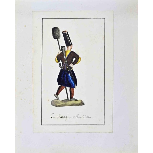 China ink and watercolor on paper applied on cardboard, realized by Barla in 1840. It depicts an oriental military...
