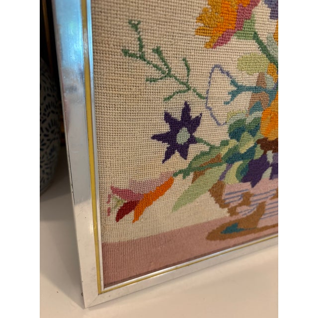 Vintage Framed Needlepoint Floral Still Life Wall Art Mid Century Modern Bouquet Textile For Sale - Image 10 of 10