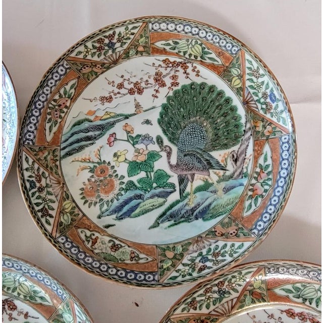 Ceramic Late 19th Century Chinese Kangxi Style Famille Verte Peacock Porcelain Plates – Set of 7 For Sale - Image 7 of 13