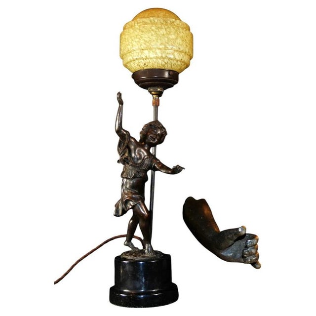 Art Deco Bronze Figural Lamp with Marbled Saturn Glass Shade, 1920 For Sale - Image 14 of 14