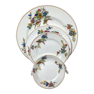 Vintage Charles Ahrenfeldt Limoges France - 4 Piece Place Setting, Florals & Birds, Yellow Band, Smooth