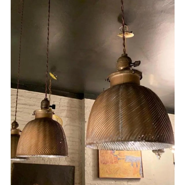 Industrial Pair of Early 20th Century Industrial Gold X-Ray Mercury Glass Dome Pendants Lights For Sale - Image 3 of 7