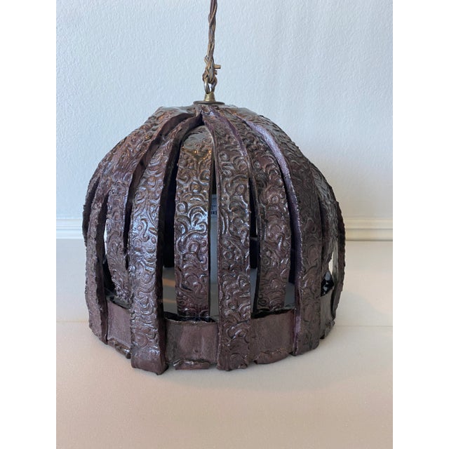 1970s Handcrafted Brutalist Ceramic Pendant Light With Leather Cord For Sale - Image 10 of 12