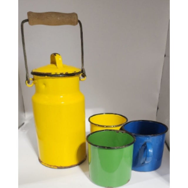 Farmhouse Vintage Yellow Enamelware Milk Pail W/ Cups, Wooden Handle - 4 pcs For Sale - Image 3 of 6