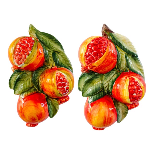 Vintage-Style Italian Majolica Pomegranate Wall Plaques by Bassano Del Grappa Ceramiche - Pair For Sale
