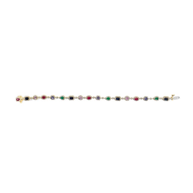 Contemporary 14K Yellow Gold Multi-Gemstone and Diamond Halo Rainbow Link Bracelet For Sale - Image 3 of 5
