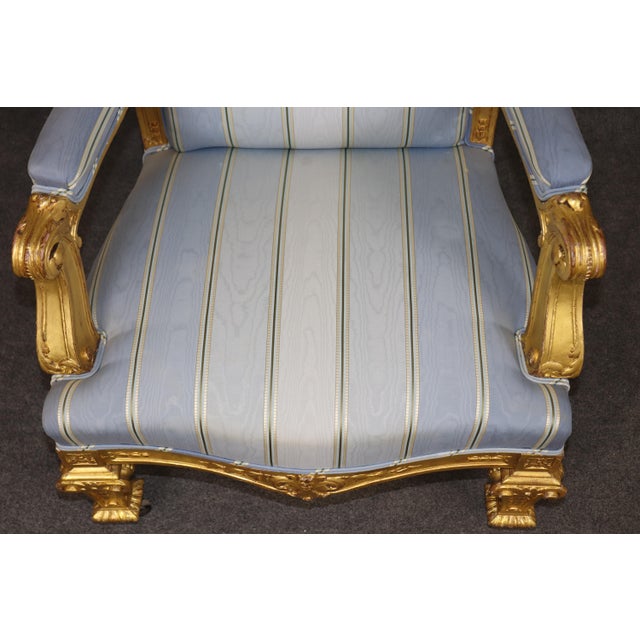 19th C. Pair French Napoleonic Style Armchairs, Giltwood & Blue Upholstery For Sale - Image 12 of 16