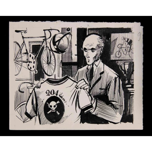 Man with T-Shirt is an original China Ink Drawing realized by Norbert Meyre. The little artwork on a yellowed paper is in...