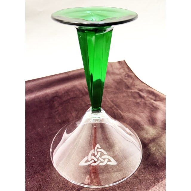 Late 20th Century Vintage Martini/Cocktail Glasses With Etched Design and Green Stems - A Pair For Sale - Image 5 of 8