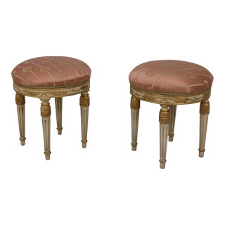 Pair French Louis XV Style Round Upholstered Stools For Sale