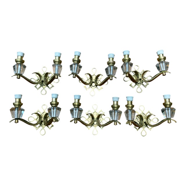 1950s Vintage Jules Leleu French Art Deco Brass Wall Sconces - Set of 6 For Sale