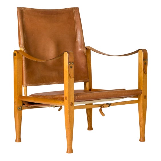 Vintage Safari Lounge Chair in Cognac Leather by Kaare Klint for Rud Rasmussen, 1960s For Sale