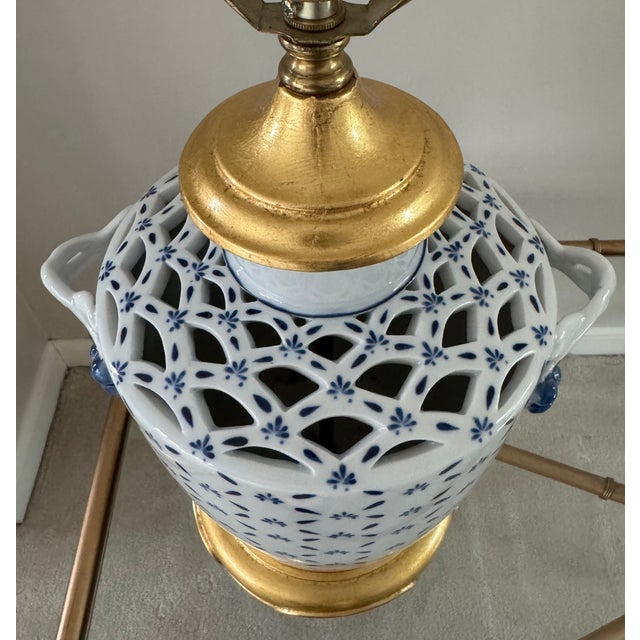 1980s Chinoiserie Hollywood Regency Blue and White Fishnet Table Lamps With Custom Fabric Shades - A Pair For Sale - Image 11 of 17