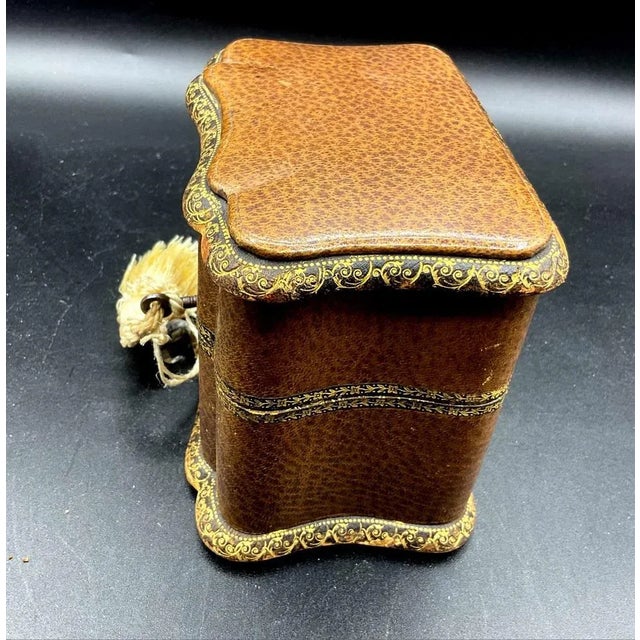 Antique Traveling Perfume Bottle in Leather Bound Ornate Case and Blue Velvet, 1800s For Sale - Image 5 of 12