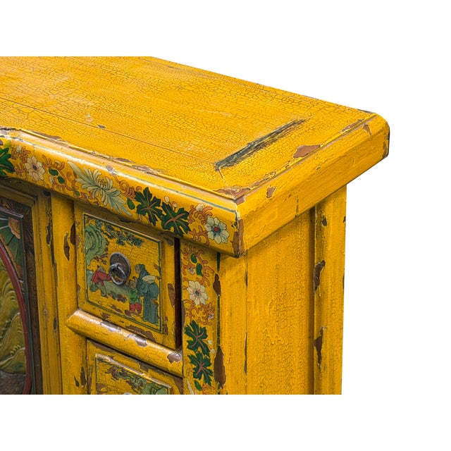 Yellow Vintage Chinese Yellow Lacquered Wood Credenza Sideboard Carved Scenic Panels For Sale - Image 8 of 18