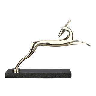 Early 20th Century Art Deco Chromed Metal Leaping Gazelle or Deer on Black Marble Base Sculpture or Car Mascot by Karl Hagenauer For Sale