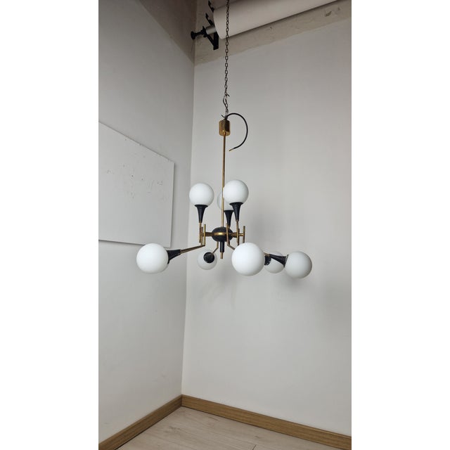 Twelve-Light Brass Chandelier with Opaline Spheres from Stilnovo, 1950s For Sale - Image 11 of 16