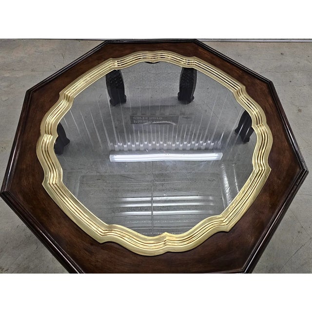Mid 20th Century Mid 20th Century Octagonal Ethnographic Wood, Brass & Glass Cocktail Table For Sale - Image 5 of 5
