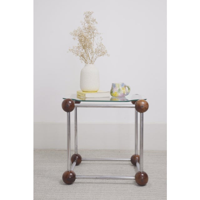 Mid-Century Modern Atomic Side Table in Chrome, Glass, and Wood Sphere Joints, 1970s For Sale - Image 13 of 18