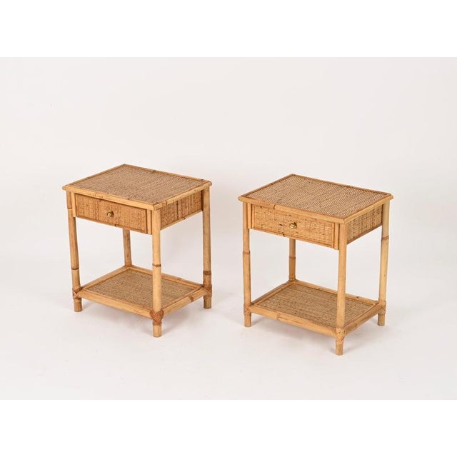Tan French Riviera Nightstands in Bamboo, Rattan and Brass, Italy, 1970s, Set of 2 For Sale - Image 8 of 16