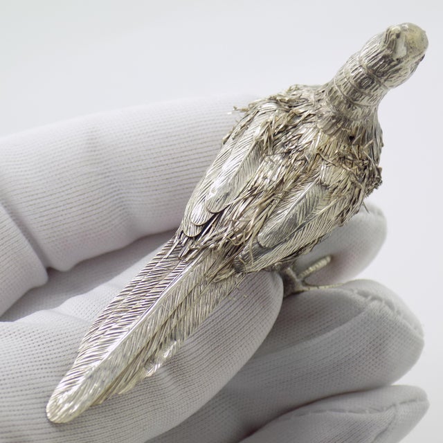 Metal Vintage Italian Handmade Genuine Silver Bird & Silver Plumes Figurine Sculpture For Sale - Image 7 of 11