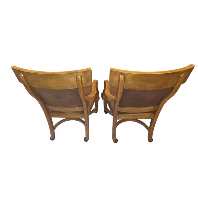 Neoclassical Pair of Vintage Regency Style Upholstered Wood Armchairs on Casters For Sale - Image 3 of 11