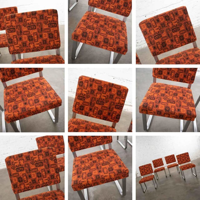 Art Deco to Streamline Modern Railroad Dining Car Chairs in Stainless Steel & Orange Abstract Upholstery For Sale - Image 11 of 12