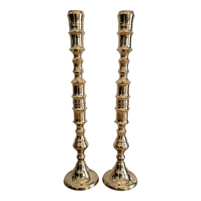 Pair of Vintage Brass Altar Candlesticks – Bamboo Style For Sale