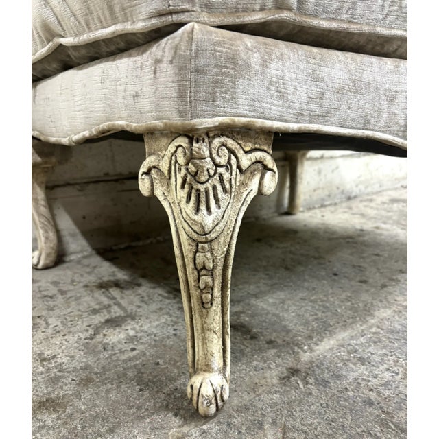 French Louis XV Carved Painted Distressed Striped Upholstered Ottoman For Sale - Image 3 of 9