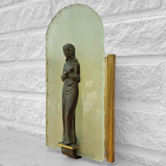 Swedish Modern Virgin Mary Wall Lamp in Brass and Frosted Glass, 1930s For Sale - Image 4 of 14